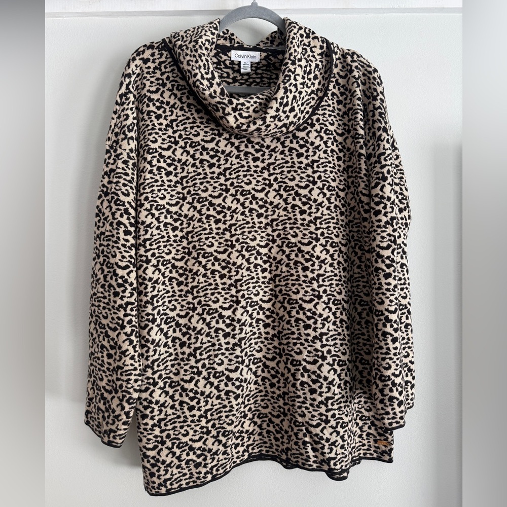 Calvin Klein Leopard Print Cowl Neck Tunic Sweater
